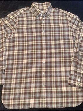 100 Hands Mens L Brown Plaid Button Shirt Handmade Luxury Cotton Flannel $576